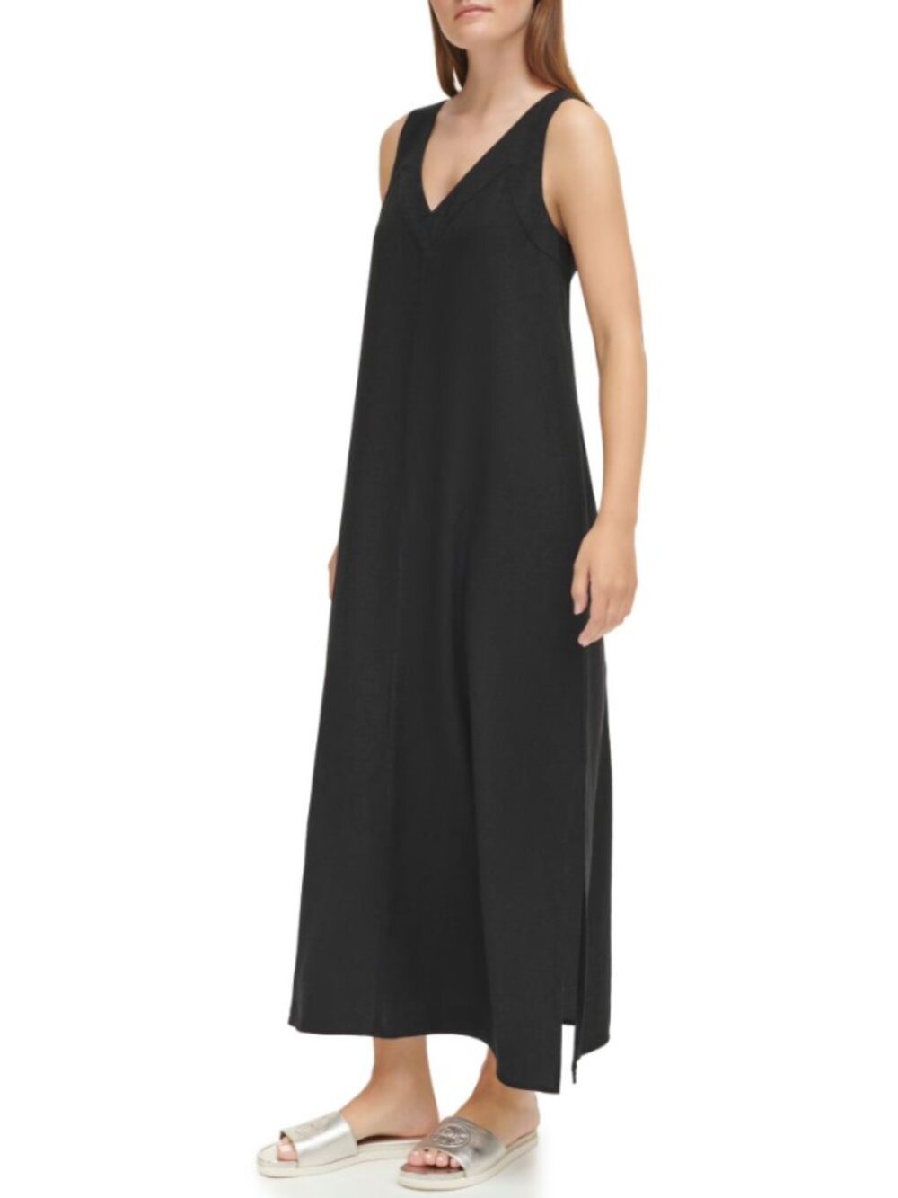DKNY V-Neck Linen Blend Maxi Dress in Black Large